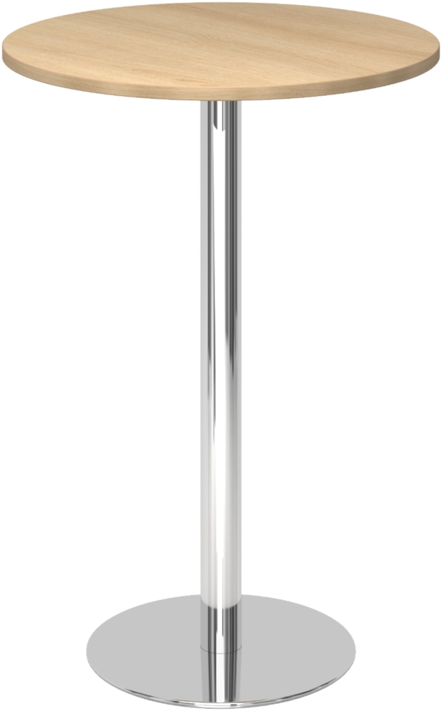 bümö Stehtisch Büro, Bistrotisch rund 80 x 80 cm - Bartisch Eiche, Stehtisch Holz-Platte, Säule aus Metall verchromt, Buffettisch, Säulentisch, Partytisch, Thekentisch, Hochtisch, Barmöbel, STH08-E-C Bild 1