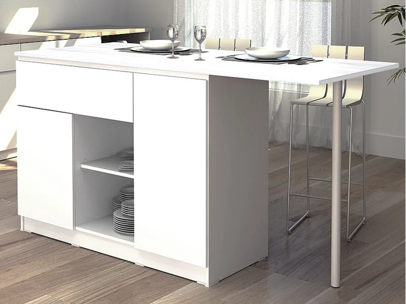 Vente-unique - Kücheninsel mit 2 Türen, 1 Schubladen & 2 Regalfächern - Weiß - TUNORI Bild 1