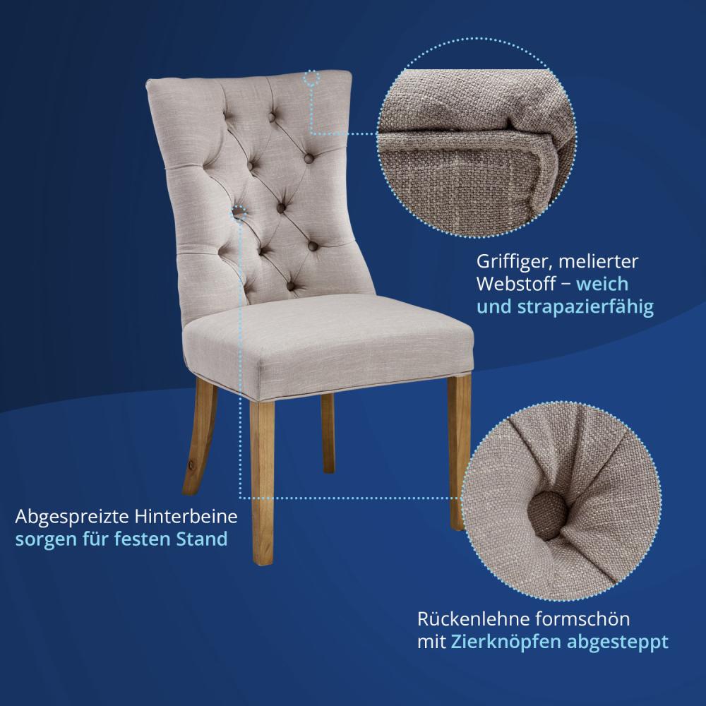 KHG 6er Set Esszimmerstühle Relax-Sessel grau Webstoff - Rückenlehne mit Zierknöpfen, Massivholz Stuhlbeine - Küchenstuhl, Design Stuhl Lounge Sessel Bild 1