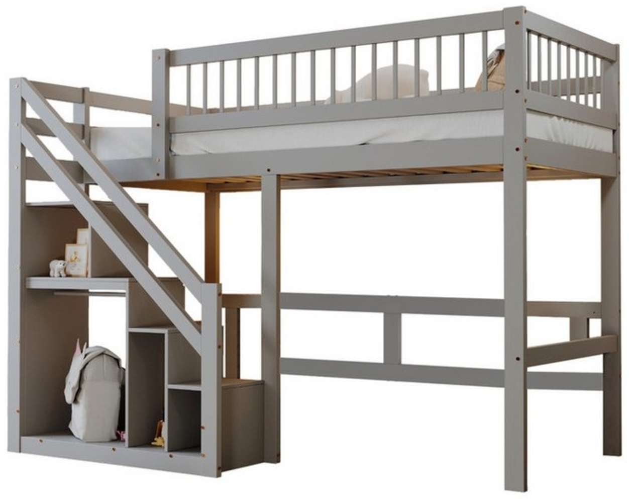 Flieks Hochbett Massivholz Einzelbett Kinderbett 90x200cm mit Stauraumtreppe Bild 1