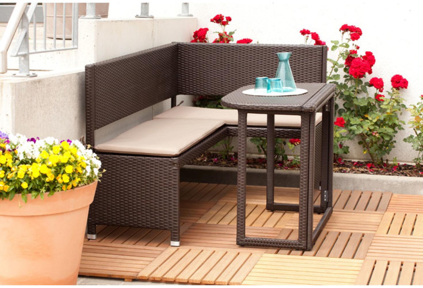 Hertie Garten Balkon Eckbank Set mit Klapptisch, Polyrattan, braun Bild 1