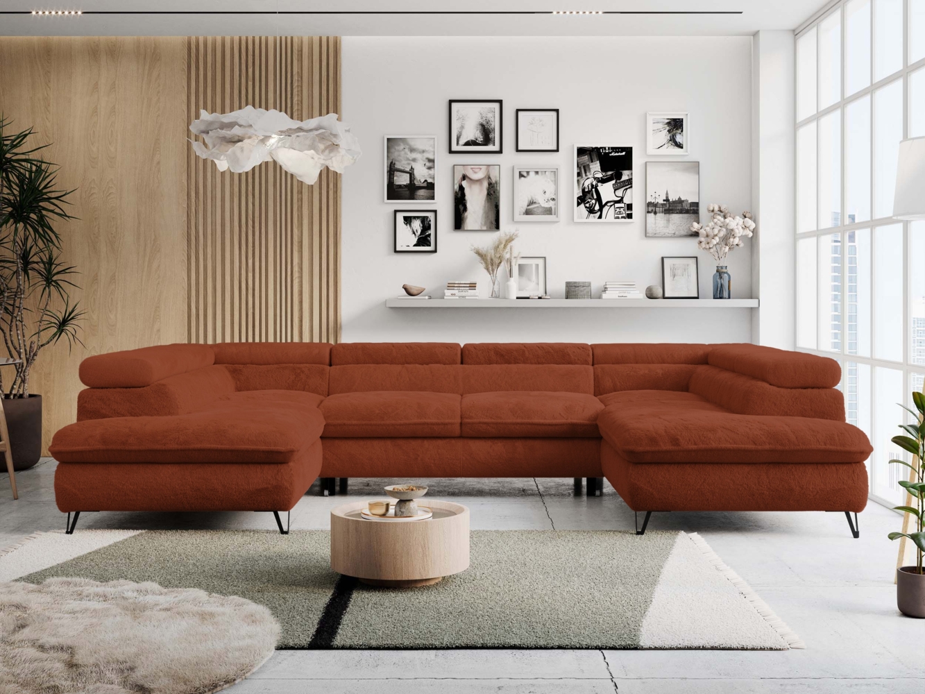 Ecksofa U-Form, mit Bettkasten, Bettfunktion und Einstellbare Kopfstützen, Sofa big XXL - PETER U - Orange Plüsch - Topper T25 Bild 1
