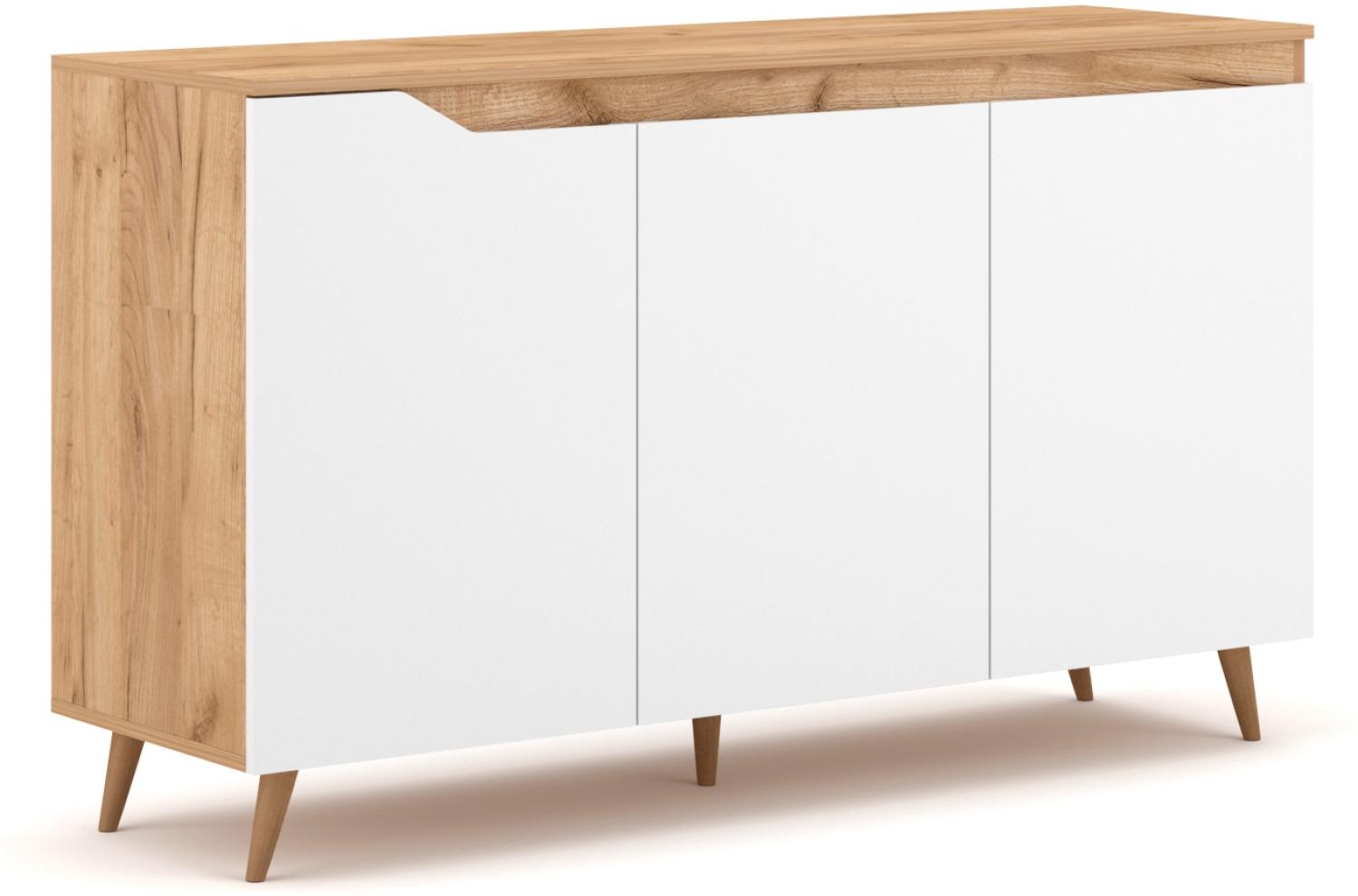 Domando Sideboard Syrakusa Skandinavisch für Wohnzimmer Breite 140cm, massive Buchefüße, Eiche Gold und Weiß Matt Bild 1