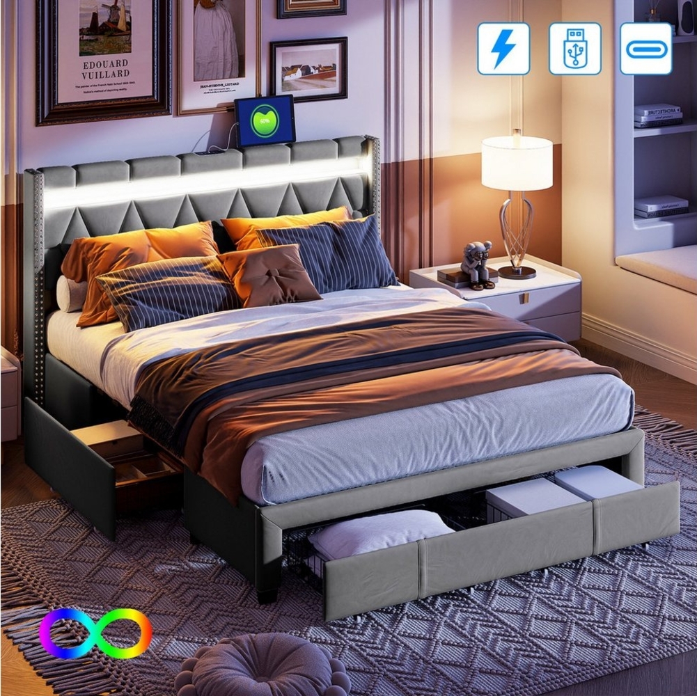 PXloue Polsterbett LED Doppelbett (Geeignet für Jugendliche und Kinder), Stauraumbett,mit LED-Beleuchtung und USB/Type-C Anschlüssen,160x200 cm Bild 1