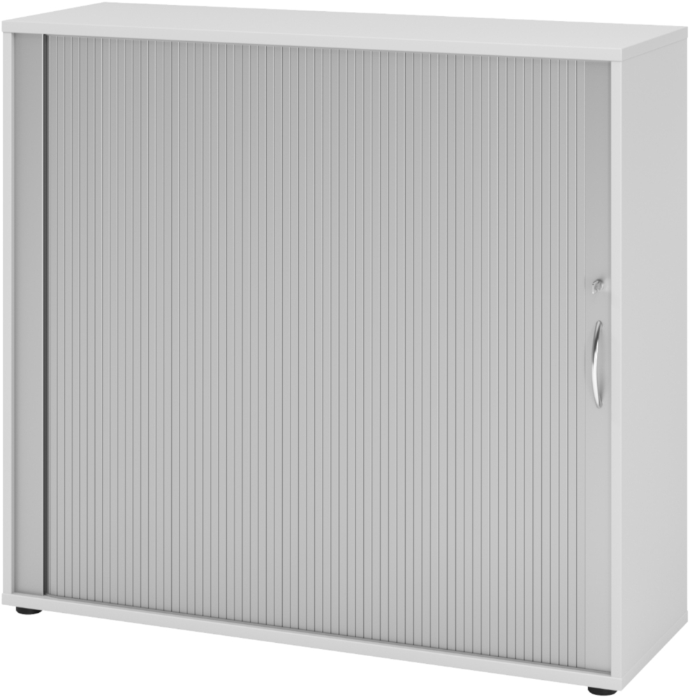 bümö Aktenschrank abschließbar mit Rollladen, Rollladenschrank für Ordner & Co. - Büroschrank mit Rollo, abschließbarer Ordnerschrank aus Holz in Grau/Silber mit Bogengriff, 1733S-5-S-BM Bild 1