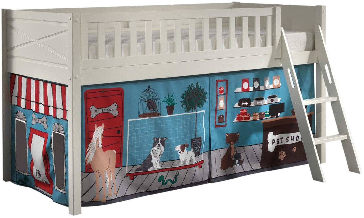 Kinderbett Karyl 208x114x135 Massivholz Weiß Textilset Pet Shop Bild 1