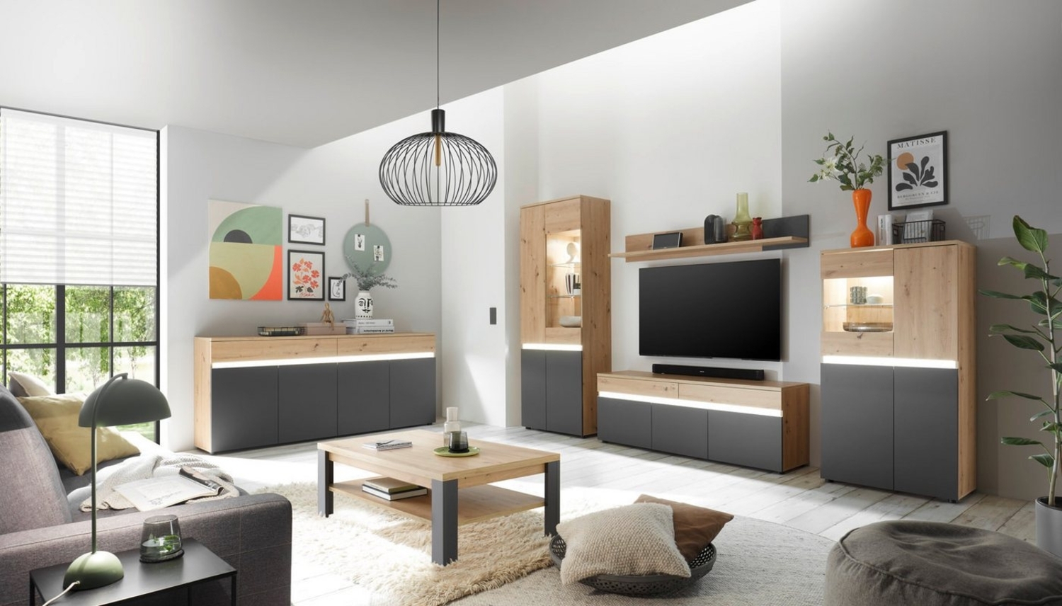 moebel-dich-auf Wohnwand LIMOGES, (in Artisan Eiche Nb. / anthrazit, Vitrine + Wandboard + Lowboard + Highboard), inkl. LED-Beleuchtung, optional mit Sideboard Bild 1