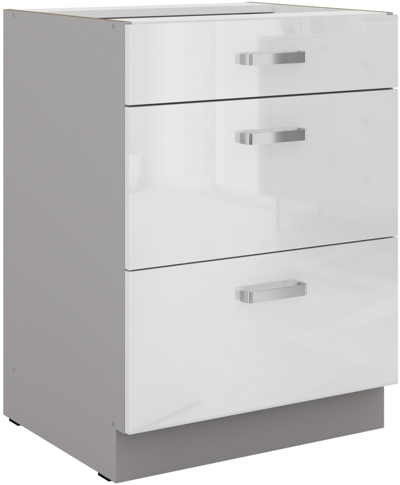 Unterschrank 60 Bianca Weiss Hochglanz + Grau Vollauszug Soft-Close Küche Bild 1