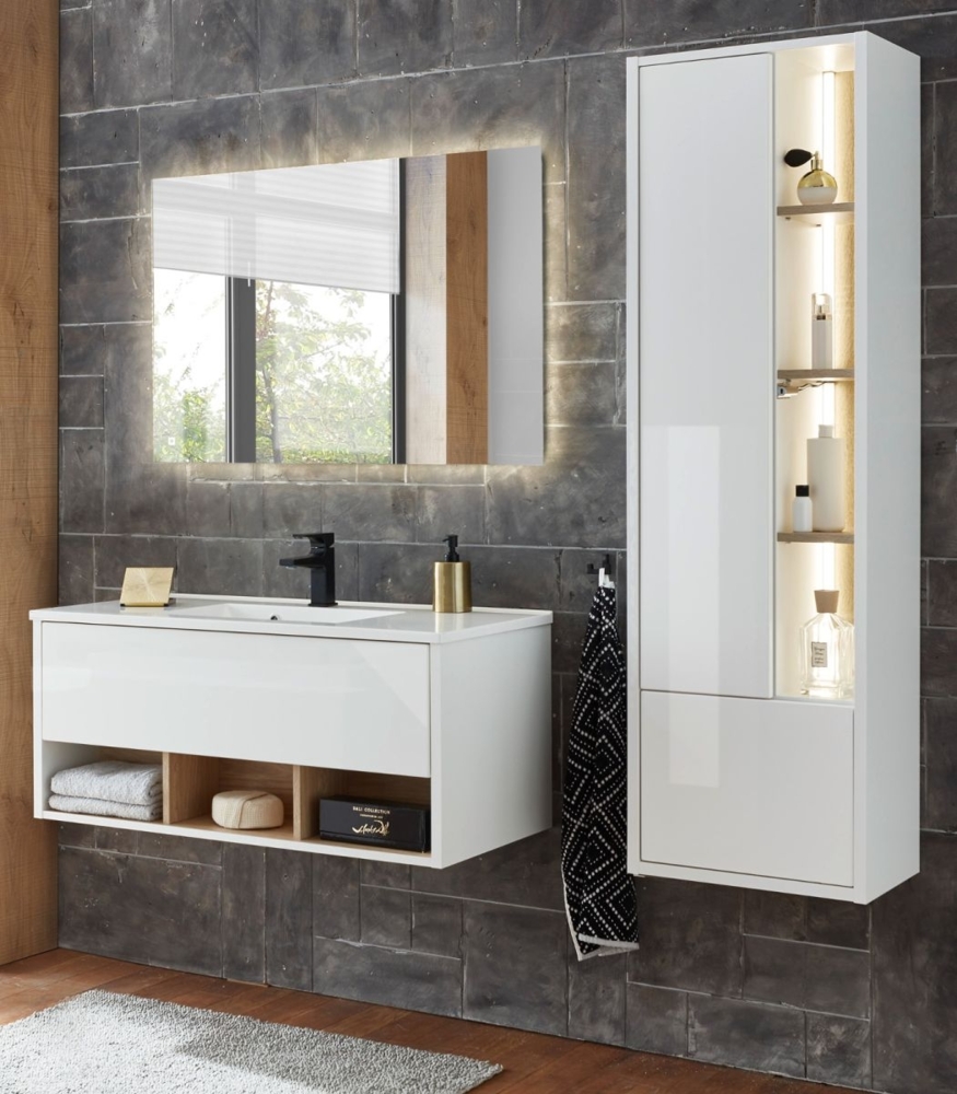 Badmöbel Set Glide in weiß Hochglanz und Eiche 155 x 190 cm Bild 1