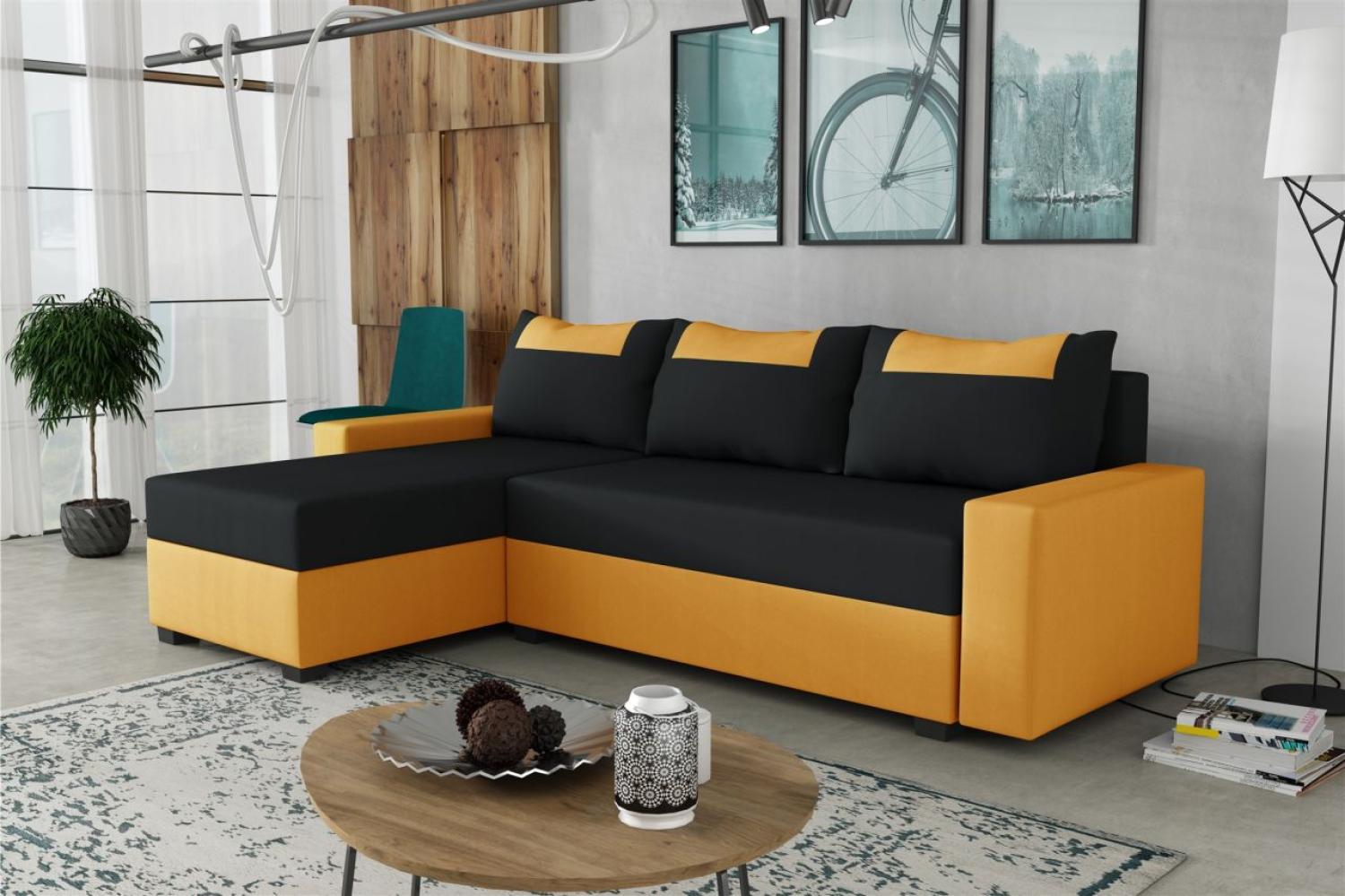 Ecksofa Schlafsofa Sofa HEDVIG LUX Manila Goldgelb- Schwarz Ottomane Links Bild 1