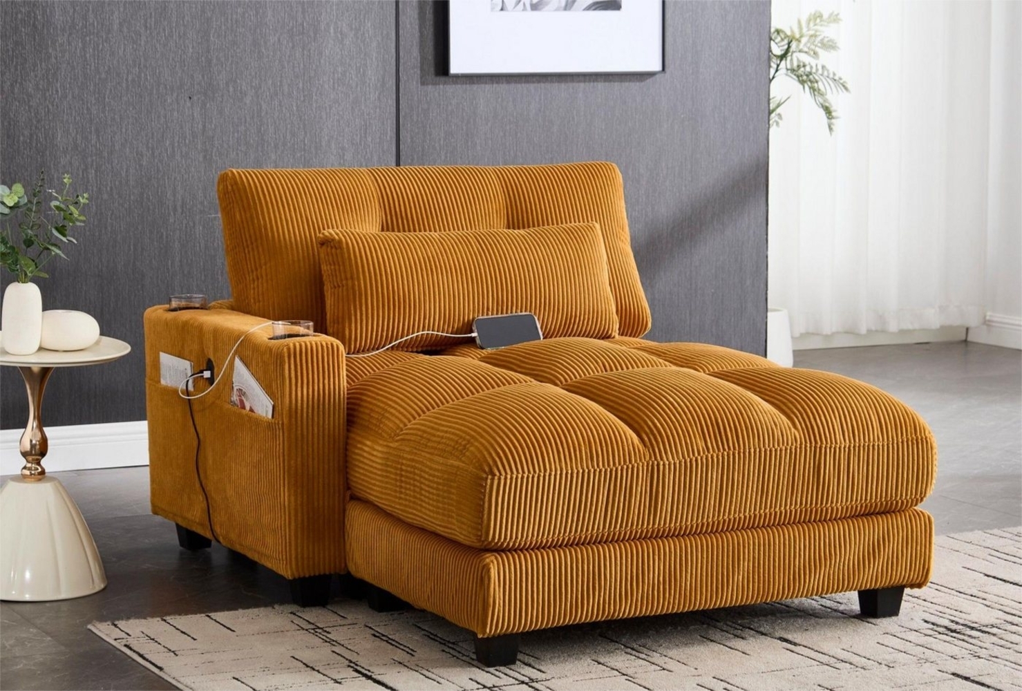 LVHOM Polsterliege NEUE! Loungesofa/Polsterbett/Daybett/Gästebetten/Schlafsofa, Streifen (USB/Typ C-Ladeanschlüssen, Seitentaschen, Getränkehalter, modularer Flexibilität Palmen Sessel, links & rechts tauschbare Armlehnen, Schlaffunktion, Nachhaltig & ... Bild 1