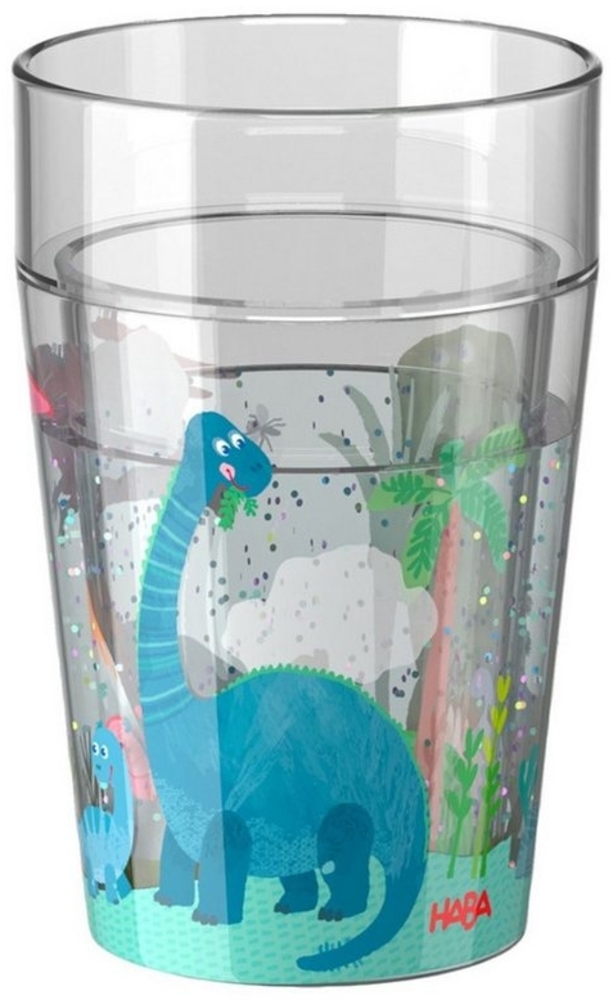 Haba Kinderbecher Glitzerbecher mit Schwimmelementen,Dino 1, transparent, Kunststoff, doppelwandig Bild 1