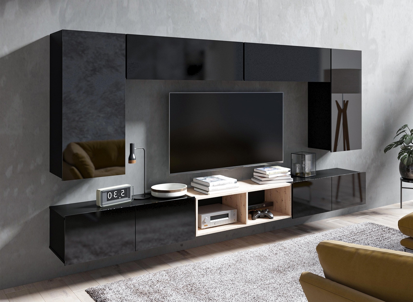 AX LIVING Wohnzimmer Wohnwände Kossana 23 Modern Schwarz/Goldene Eiche Bild 1