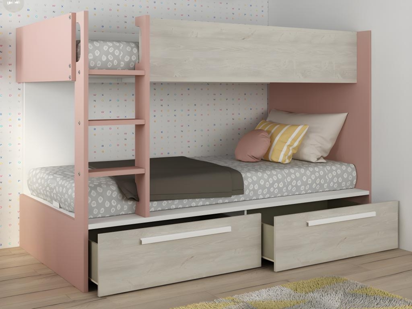 Vente-unique - Etagenbett mit 2 Schubladen - 2 x 90 x 200 cm - Rosa, Naturfarben & Weiß - TINOLI Bild 1