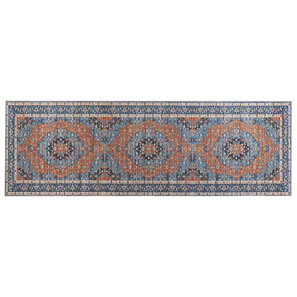 Teppich blau orange 80 x 240 cm orientalisches Muster Kurzflor MIDALAM Bild 1