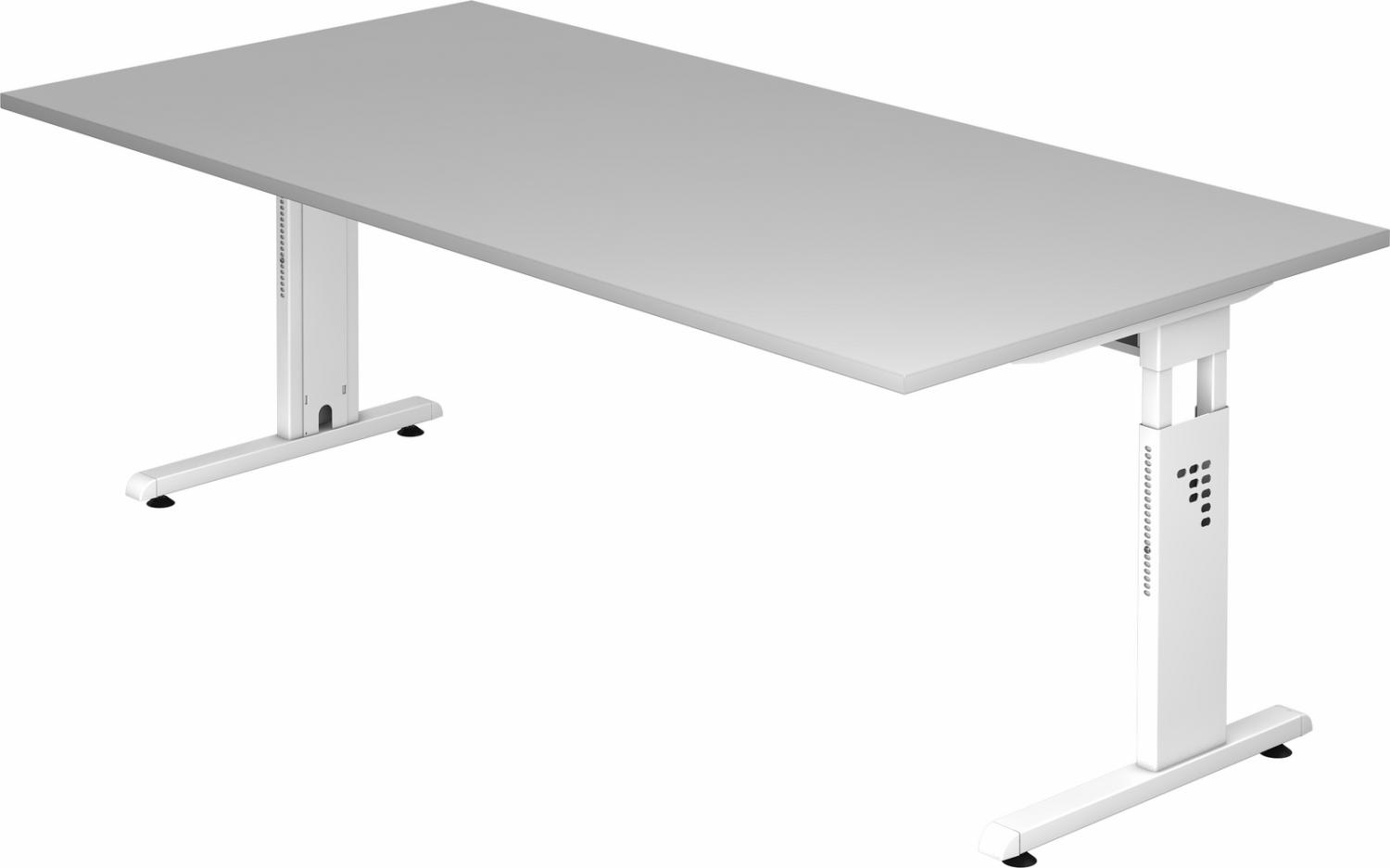 bümö höhenverstellbarer Schreibtisch O-Serie 200x100 cm in grau, Gestell in weiß - großer PC Tisch für's Büro manuell höhenverstellbar, Computertisch verstellbar, OS-2E-5-W Bild 1