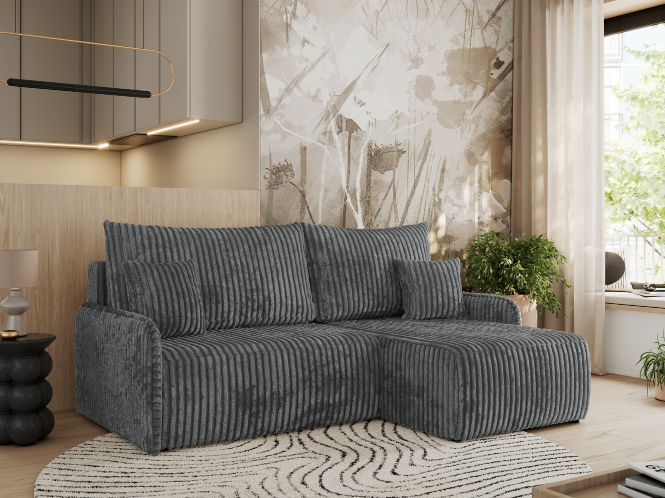 Ecksofa für das Wohnzimmer, mit losen Kissen, Schlaffunktion und Bettkästen, L-förmiges Ecksofa mit Armlehnen, Wellenfeder - ARPA - Dunkelgrau Cord - rechte Seite Bild 1