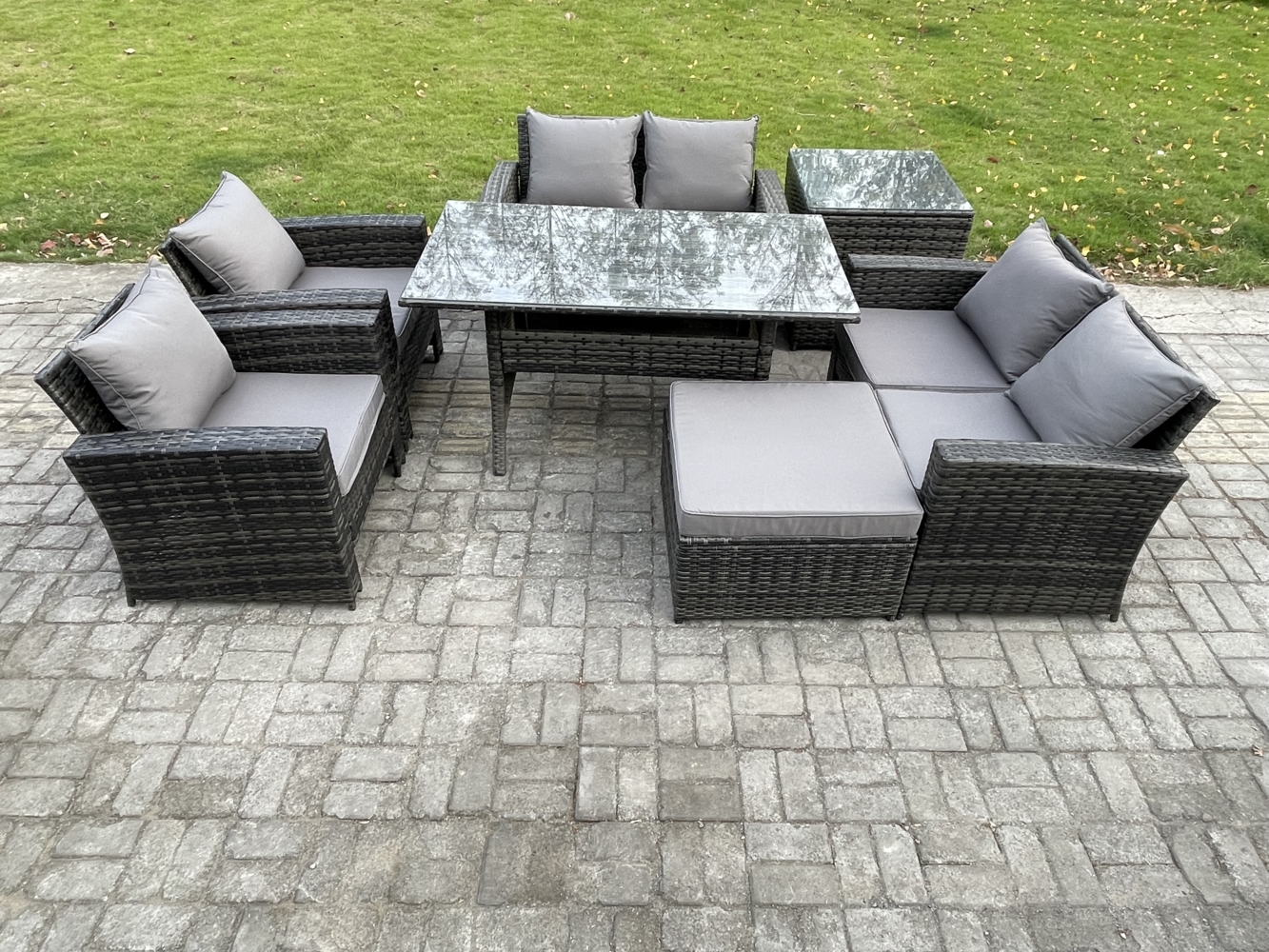 Fimous Rattan Gartenmöbel-Set 7 Sitzer Terrassen mit Länglicher Esstisch Doppelsitzsofa Beistelltisch Großer Fußhocker Dunkelgrau gemischt Bild 1