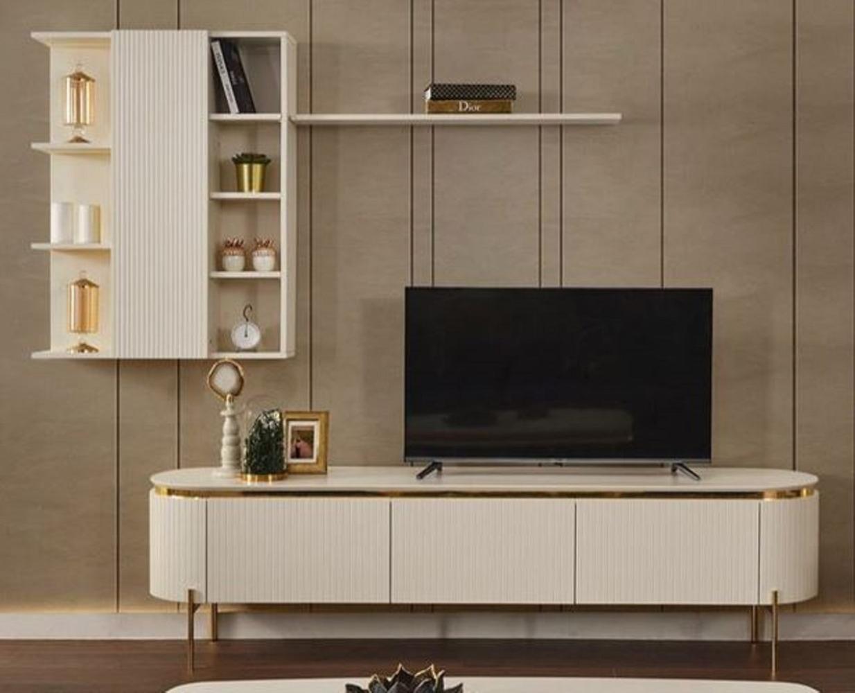 Casa Padrino Luxus TV Schrank Set Weiß / Gold - Wohnzimmer Sideboard mit Hängeschrank - Wohnzimmer Möbel - Hotel Möbel - Luxus Möbel Bild 1