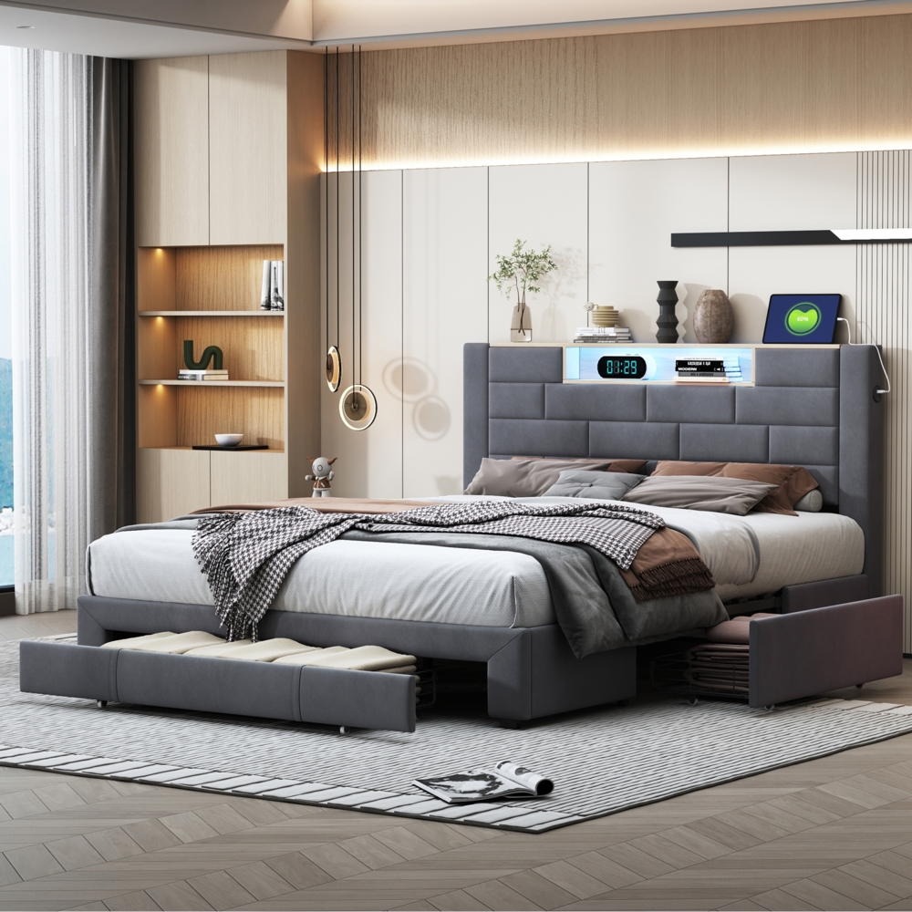 Polsterbett 160x200 cm mit 3 Schubladen, Kopfteil mit Stauraum, Doppelbett Jugendbett LED & USB, Samt, Grau Bild 1
