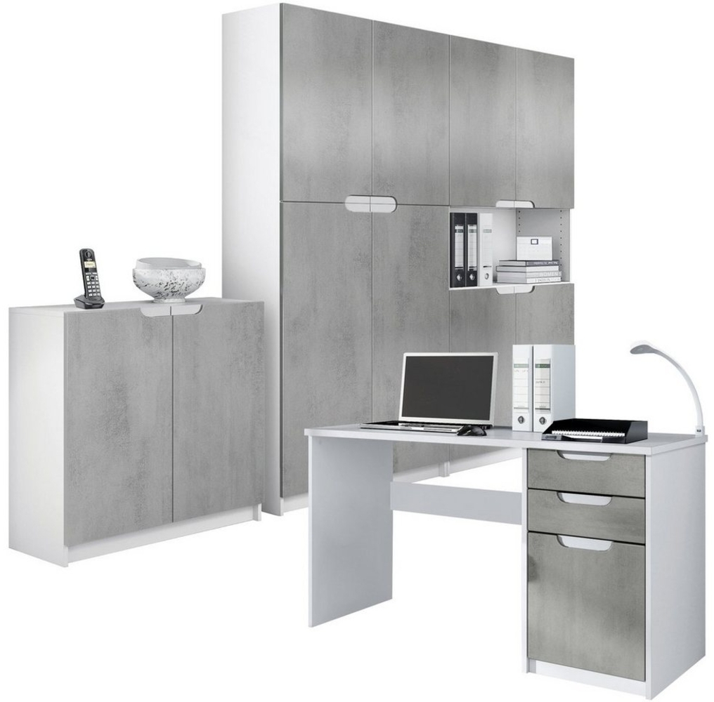 Vladon Aktenschrank Logan (Büromöbel-Set, mit 1 Schreibtisch, 2 Schränken und 1 Kommode) Weiß matt/Beton Oxid Optik (246 x 60 x 185 cm) Bild 1