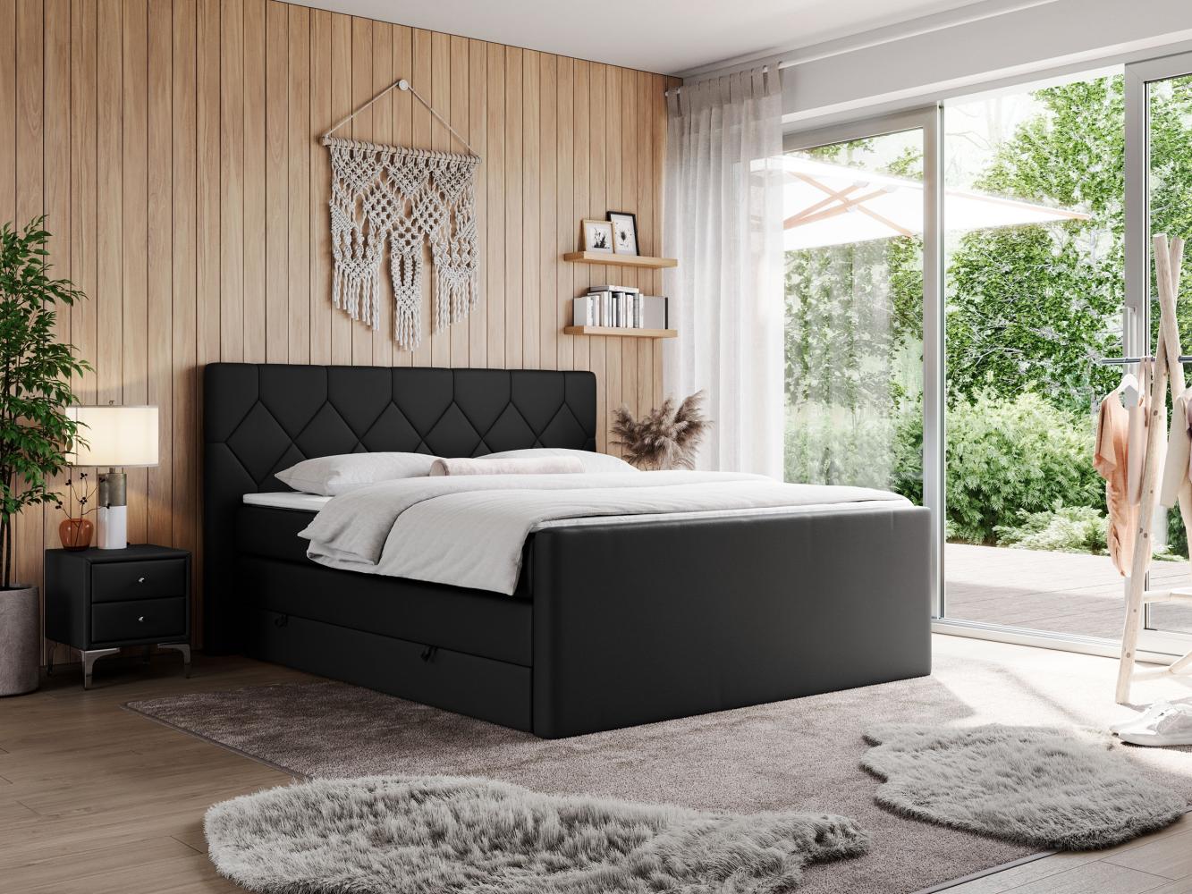 Boxspringbett KING EIGAR, mit einer Doppelmatratze, einem genähten Kopfteil - 200x200 - Schwarz Kunstleder - H4 Bild 1