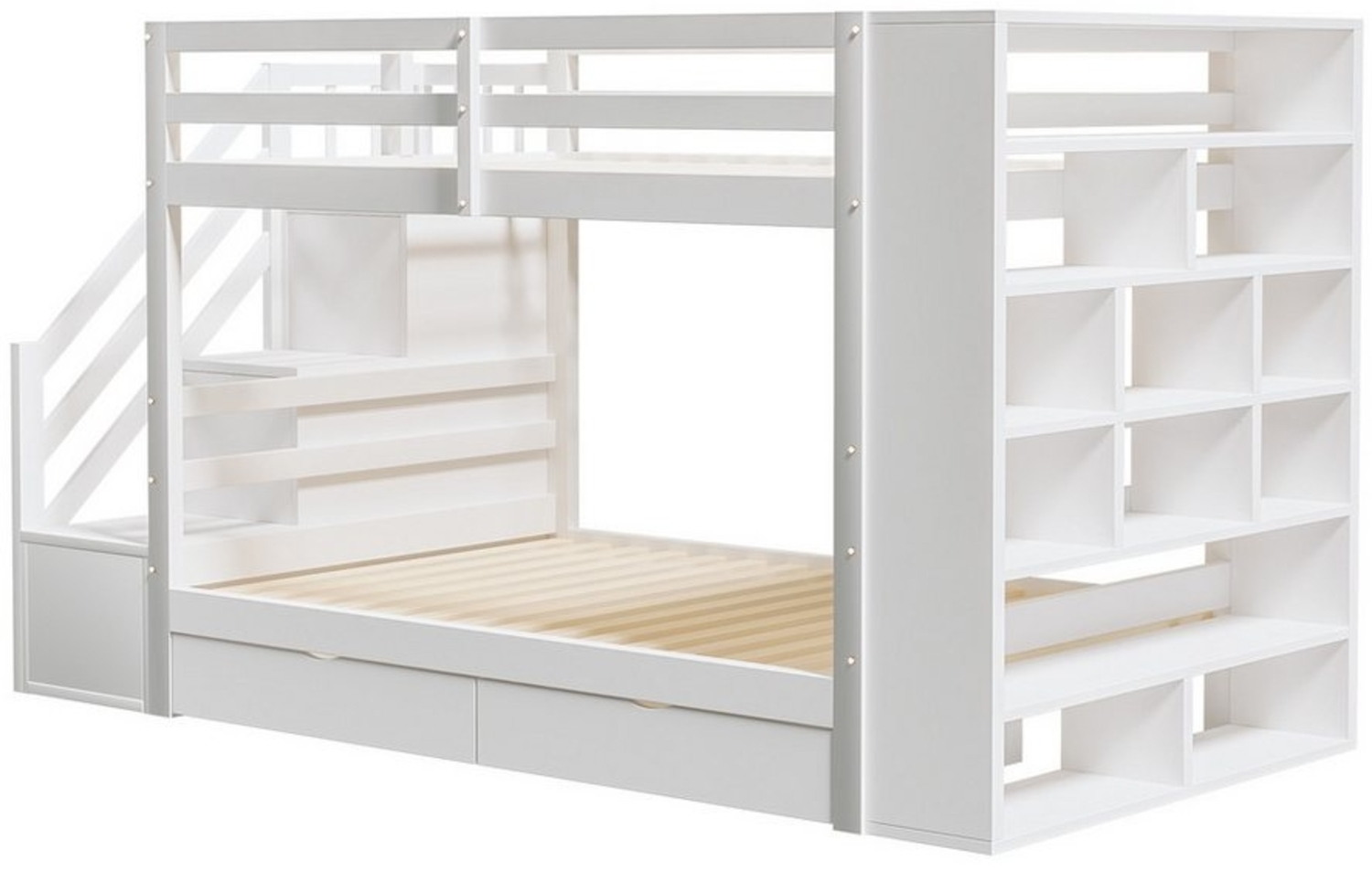 Flieks Etagenbett, Kinderbett 90x200cm mit 2 Schubladen, Seitschrank, Stauraumtreppe Bild 1