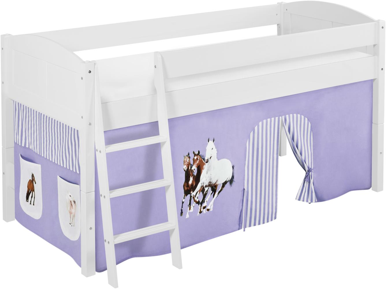 Lilokids 'Ida 4106' Spielbett 90 x 200 cm, Pferde Lila Beige, Kiefer massiv, mit Vorhang Bild 1