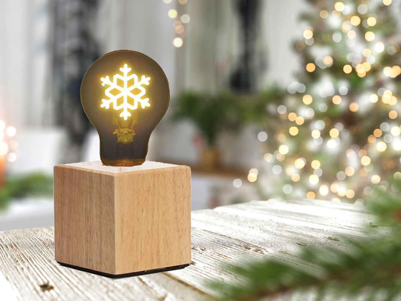 Tischlampe Würfel Holz Eiche mit Deko LED Glühbirne Schneeflocke, Quadrat 9cm Bild 1