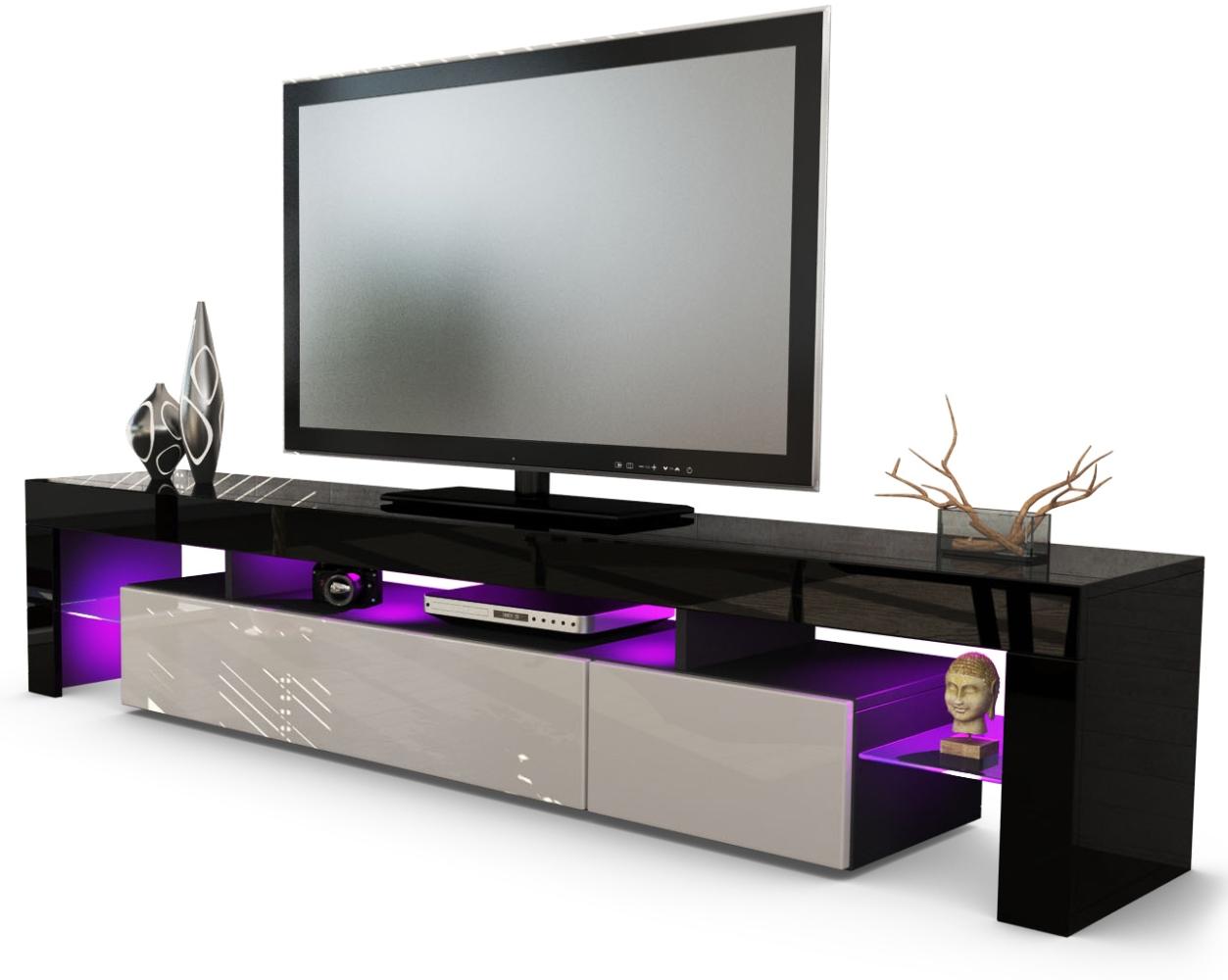 Vladon Lowboard Lima V2, TV-Kommode mit 2 Klappen, 1 offenem Fach und 2 Glasablagen, Schwarz Hochglanz/Sandgrau Hochglanz (189 x 38 x 35 cm) Bild 1
