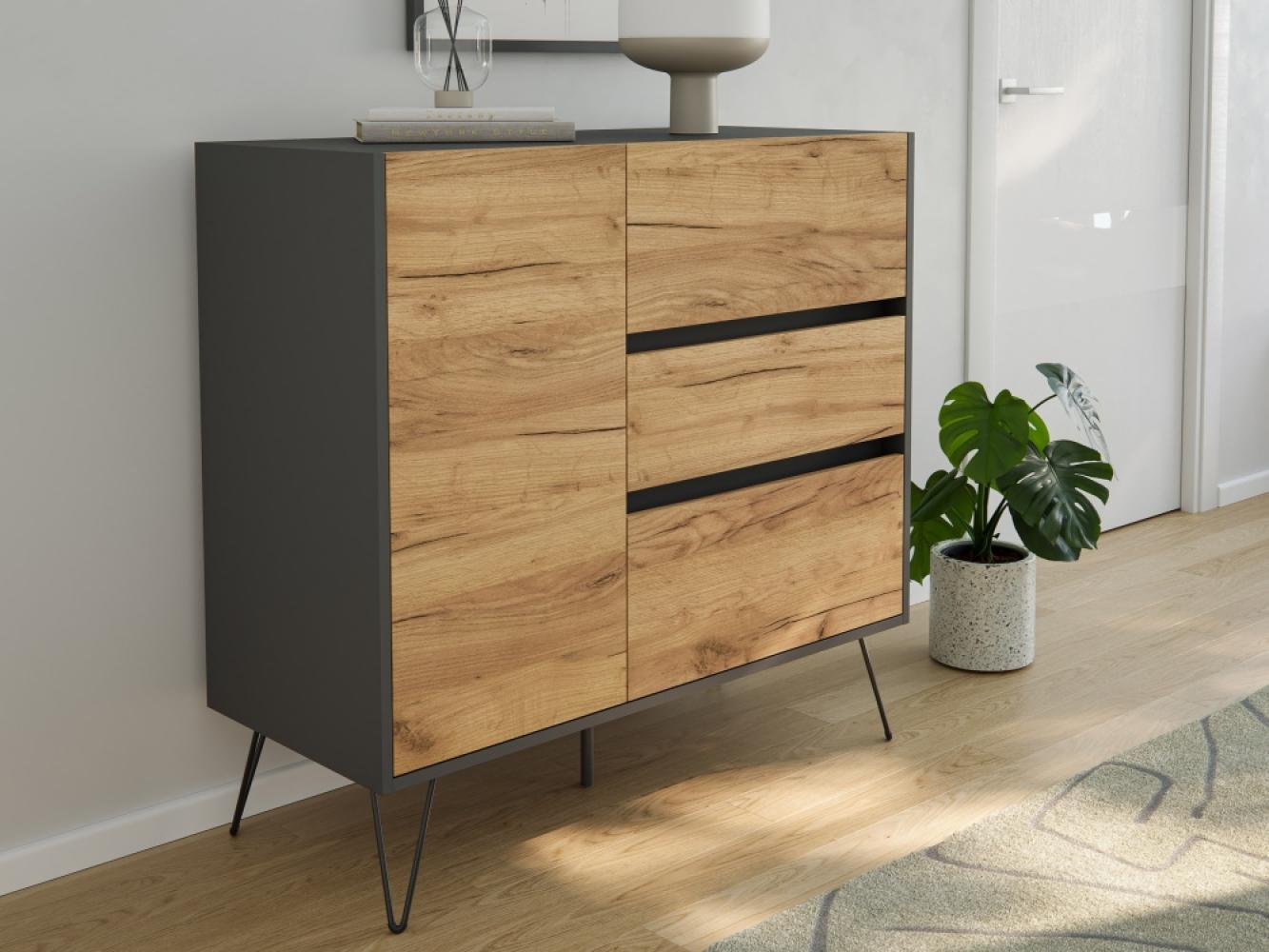 Sideboard Kommode Altan 100cm Greifraum 3 SoftClose 1 Tür Grafit/Eiche Front : Oak Gold / Grafit Bild 1