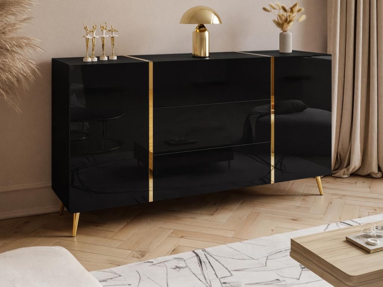 Vente-unique - Sideboard mit 2 Türen & 3 Schubladen - Schwarz glänzend & Goldfarben - MARZIALO Bild 1