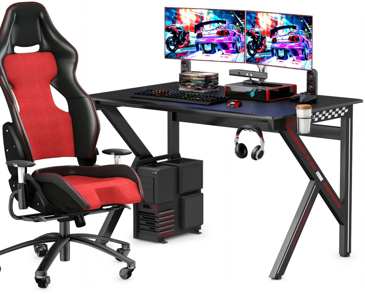 COSTWAY Gaming Tisch 115 cm, K-f?rmiger Gamingtisch mit Kopfh?rerhaken & Tassenhalter & Kabelmanagement, ergonomischer Computertisch mit verstellbaren Fü?en, Schreibtisch PC Tisch für E-Sport, Stahl Bild 1