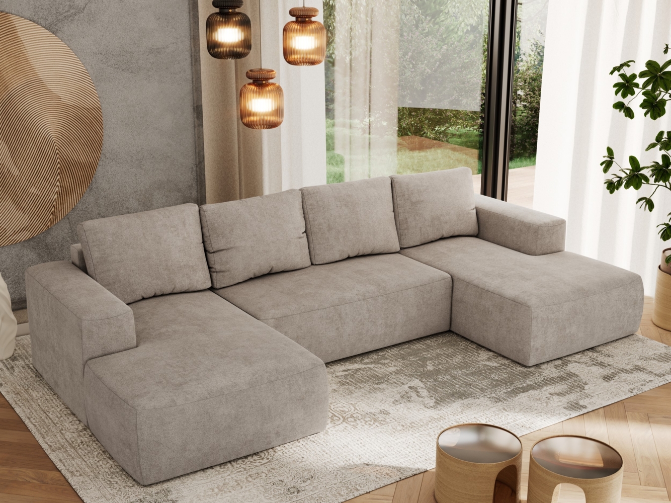 U-förmiges Ecksofa mit Schlaffunktion, Bettkasten und losen Kissen, zwei Armlehnen - TRENTINO U - Beige Stoff Bild 1