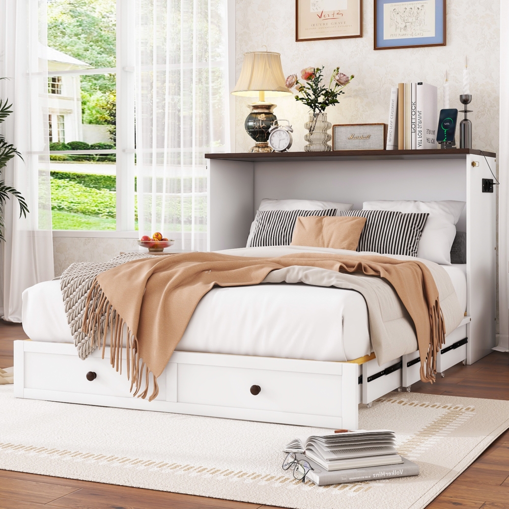 Schrankbett 140x200 cm mit Schublade und Regal, Klappbett mit integriertem USB-Anschluss und Steckdose, Bett mit Stauraum und Regalablag,inklusive Schaummatratze Bild 1