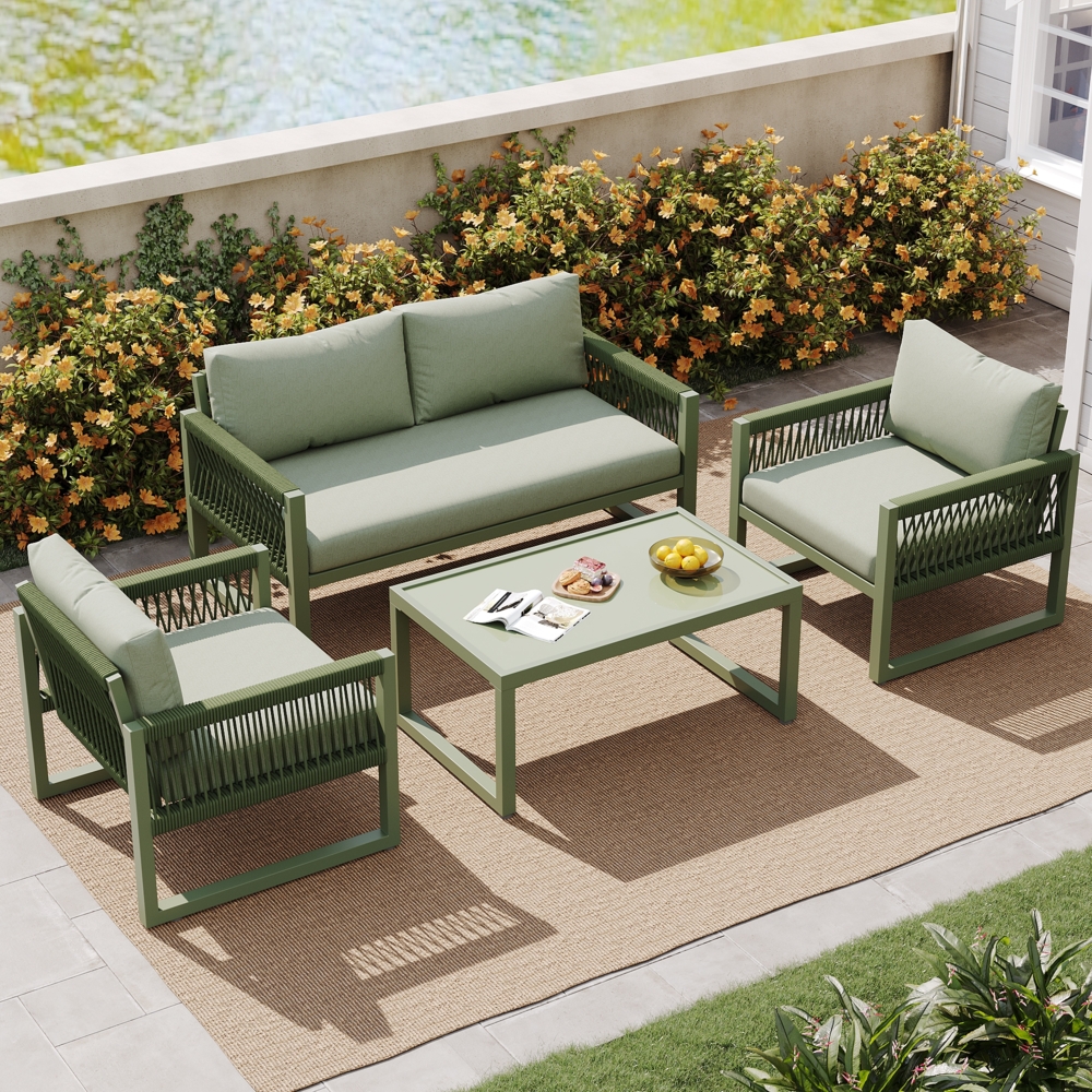 Merax Garten-Loungesessel-Set mit verzinktem Eisenrahmen, Gartenmöbel-Set aus Seil, Loungesessel-Set aus Seil mit Sitzkissen, verstellbaren Füßen, glatter Glasplatte, 4er-Set, grün Bild 1