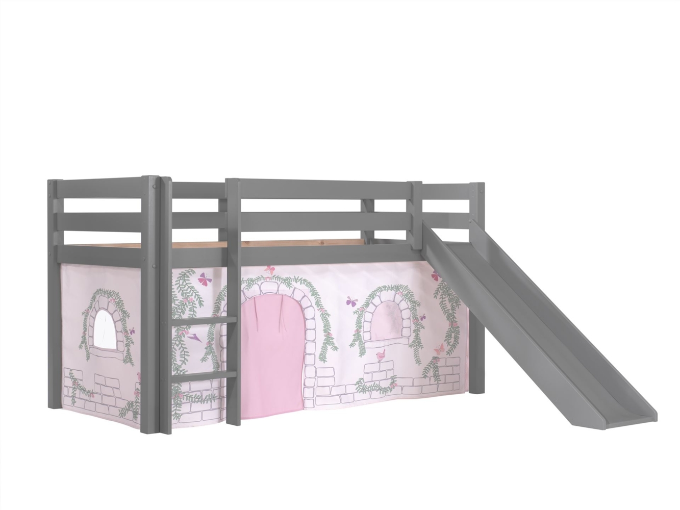 Kinderbett mit Rutsche Karolina Massivholz Grau Textilset Burg 1 Bild 1