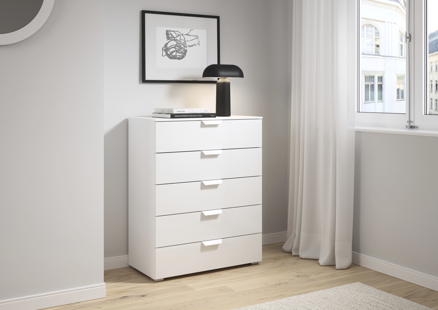 rauch Aditio Box, Kommode, 5 Schubladen, mit Glasfront, mit Softclose-Funktion, Farbe Weiß, BxHxT 80x100x42cm Bild 1