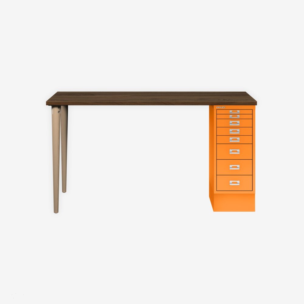 MultiDesk, 2 Eichenfüße, 1 MultiDrawer mit 8 Schüben, Dekor Nussbaum, Farbe Orange, Maße: H 740 x B 1400 x T 600 mm Bild 1