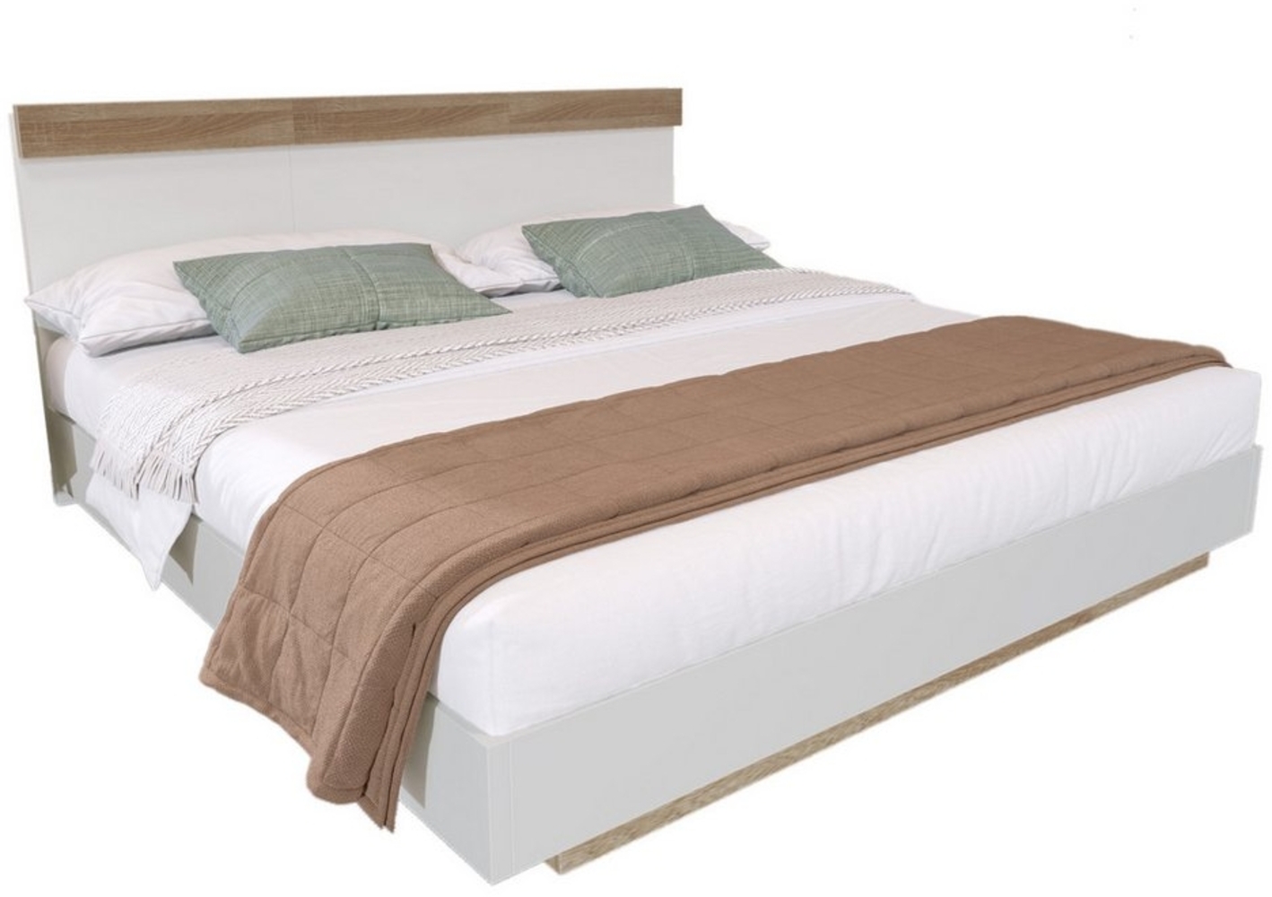 OKWISH Massivholzbett Doppelbett (Kiefernholz Doppelbett mit Lattenrost, 205 x 144 x 90.5 cm(T/B/H) Set in Eiche Sonoma/Weiß(Ohne Matratze), 140x200 cm Bild 1