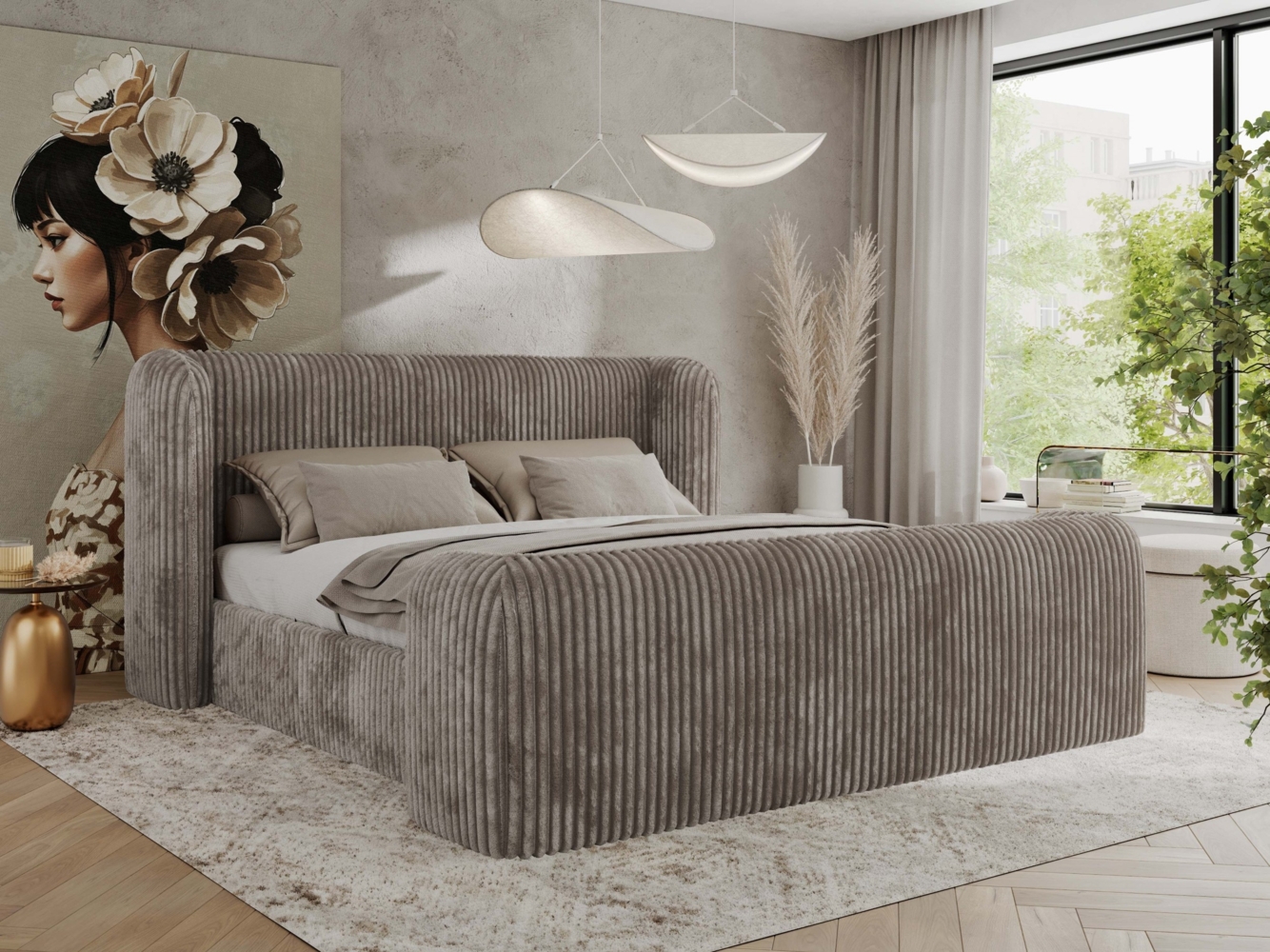 Polsterbett mit Lattenrost, Doppelbett für Schlafzimmer, Gepolstertes Kopfteil, Pocket matratze Härtegrad H3/H4 - EMORA CLASSIC DUO - 200 x 200 cm - Hellbraun Cord - VIRE-LUX Bild 1