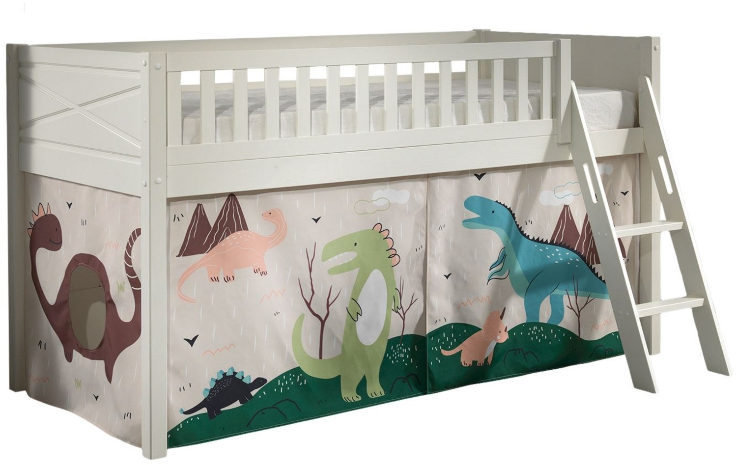 Kinderbett Karyl 208x114x135 Massivholz Weiß Textilset Dino Bild 1
