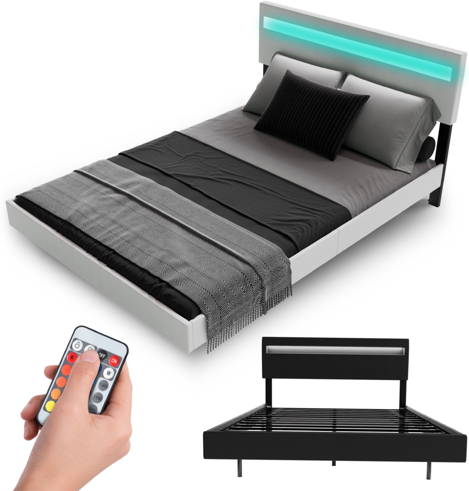 Juskys Schwebebett Lissabon 140 x 200 cm - Schwebendes Design, Integrierte LED-Beleuchtung, Kunstleder Optik, Höhenverstellbare Rückenlehne - weiß Bild 1