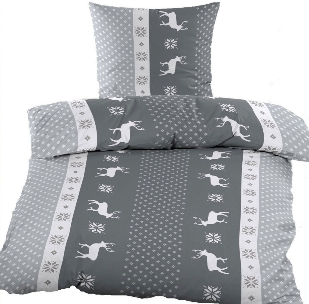 KH-Haushaltshandel Bettwäsche Biber Winter Bettwäsche 135x200 + 80x80 cm, Hirsch/Streifen, Biber, 2 teilig, grau/weiß, flauschig weich warm Bild 1
