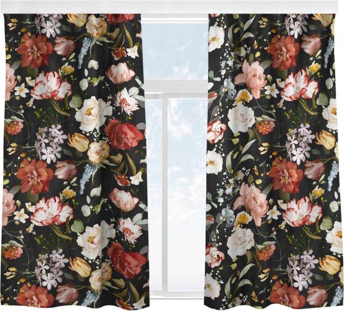 Bilderdepot24 Vorhang Gardine Natur Kunst Blumen Aquarell Vintage Muster Schwarz Türvorhang (2 St), Multifunktionsband, blickdicht, Samt, Schiebegardinen Schlafzimmer Wohnzimmer Schiebevorhang Bild 1