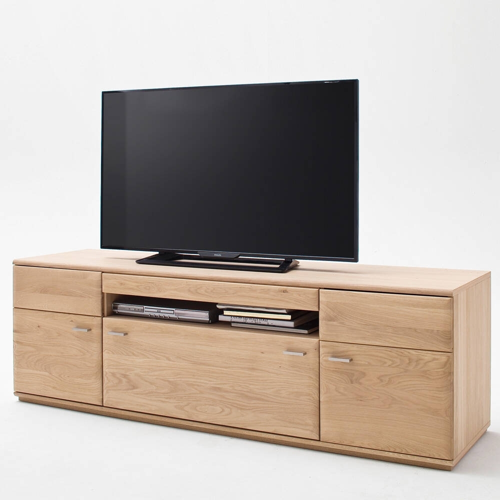 Modernes Wohnzimmer TV-Lowboard BADALONA-05 in Eiche Bianco massiv, mit Kabeldurchlass - B/H/T: 180/58/50cm Bild 1