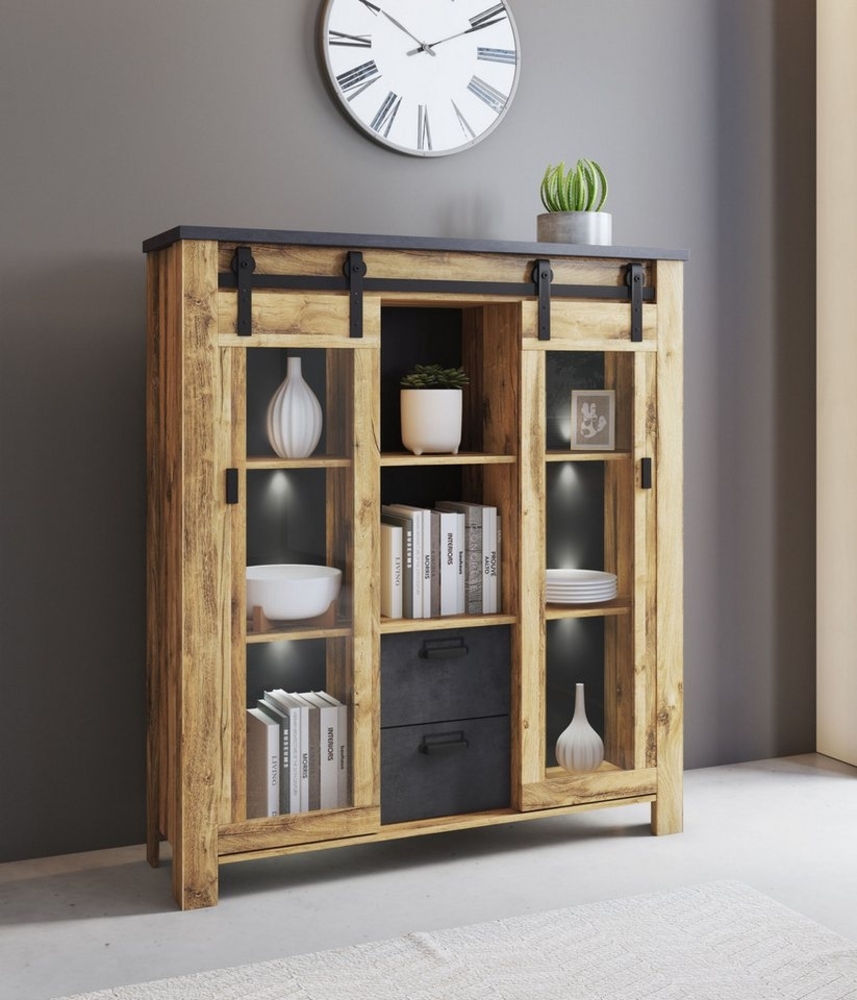Home affaire Highboard York, moderner Hochschrank, Vitrine in Hunton Oak, Industrialdesign, mit Scheunentorbeschlägen & Apothekergriffen aus Metall, 150 cm hoch Bild 1