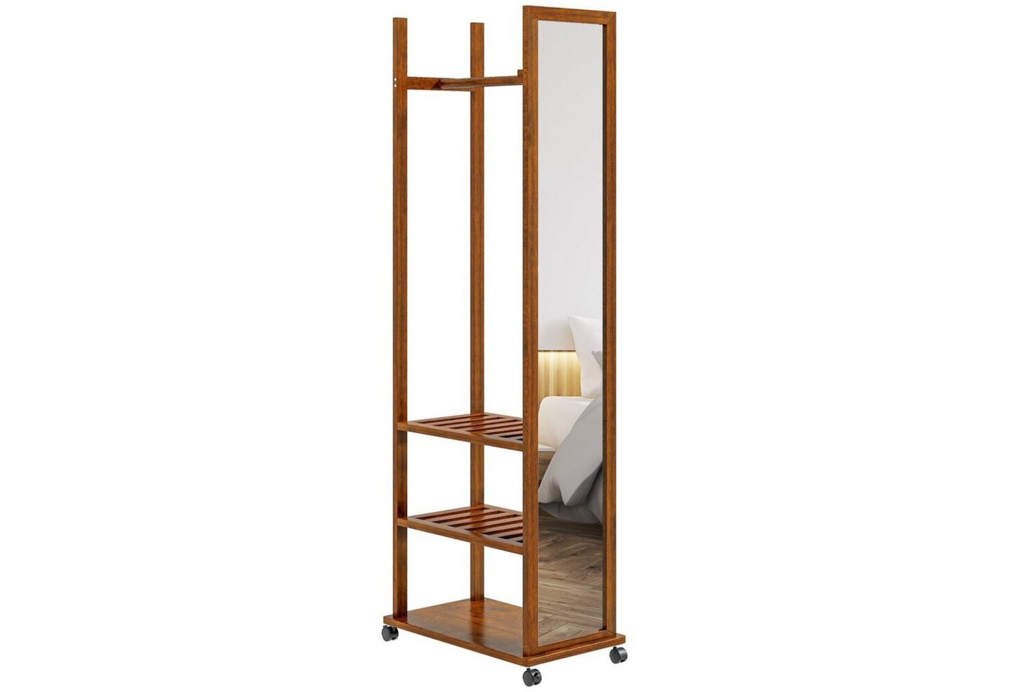 HOMCOM Standspiegel Ganzkörperspiegel mit Ständer, Garderobenspiegel mit Rollen (Ankleidespiegel, 1-St, Ganzkörperspiegel), für Wohnzimmer, Schlafzimmer, Walnuss Bild 1