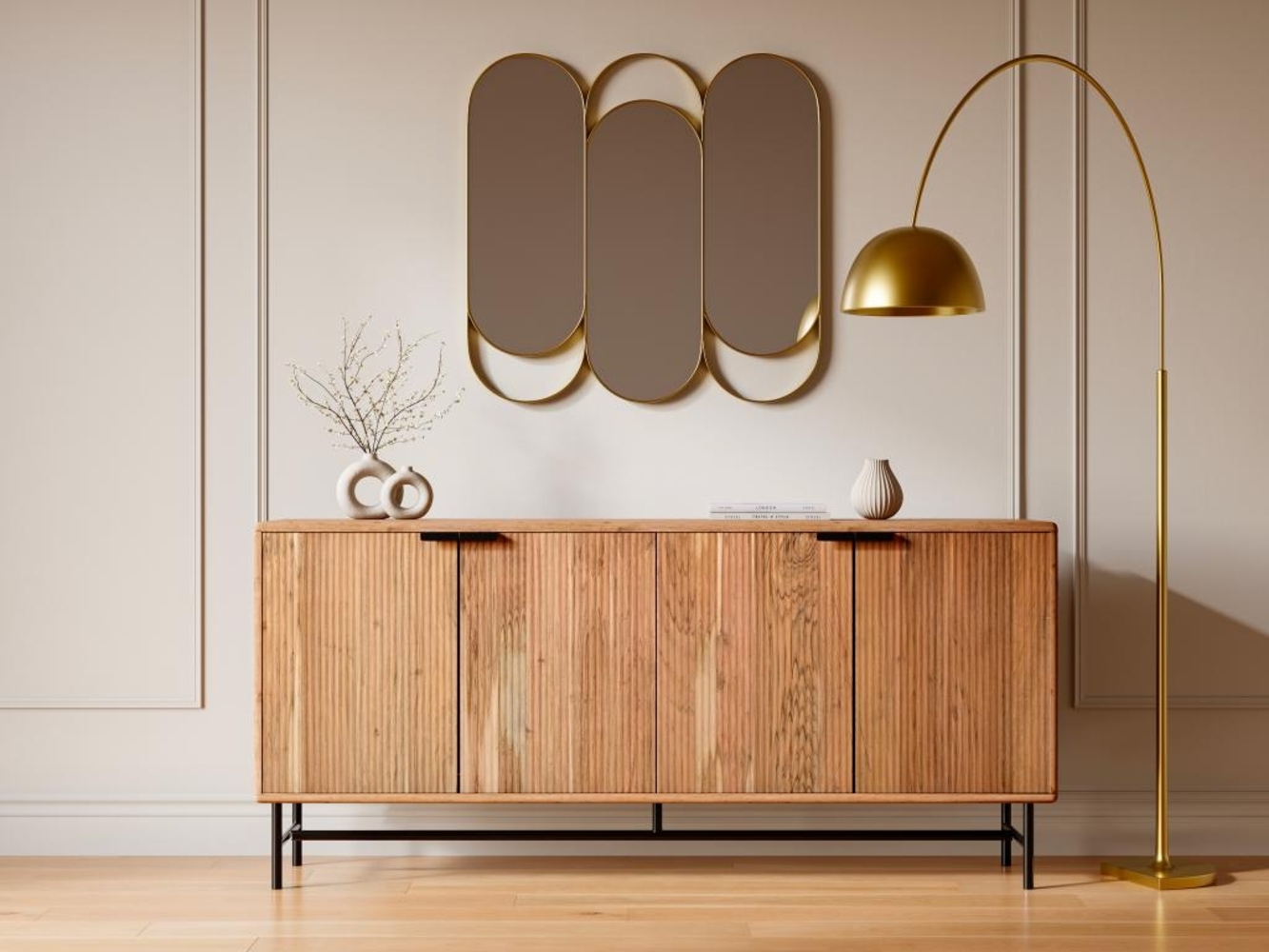 Vente-unique - Sideboard mit 4 Türen - Akazienholz & schwarzes Metall - Holzfarben hell - ALEVIA Bild 1