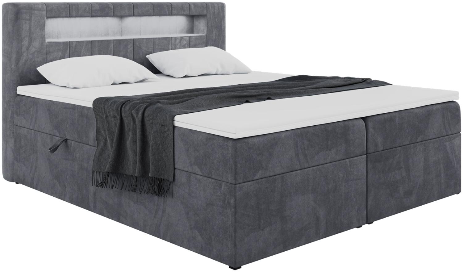 MEBLINI Boxspringbett ASPIN 160x200 cm mit Bettkasten und LED - H3/Dunkelgrau Samt Polsterbett - Doppelbett mit Topper & Taschenfederkern-Matratze Bild 1